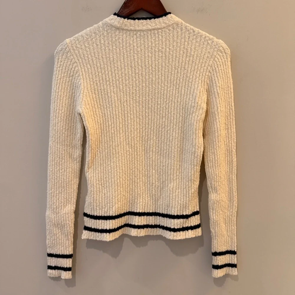 Madewell Boucle Knit Crewneck Sweater Ribbed Striped Cream Navy NY859 XS NWT